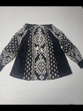 Tory Burch Navy and Cream Embroidered Peasant Blouse